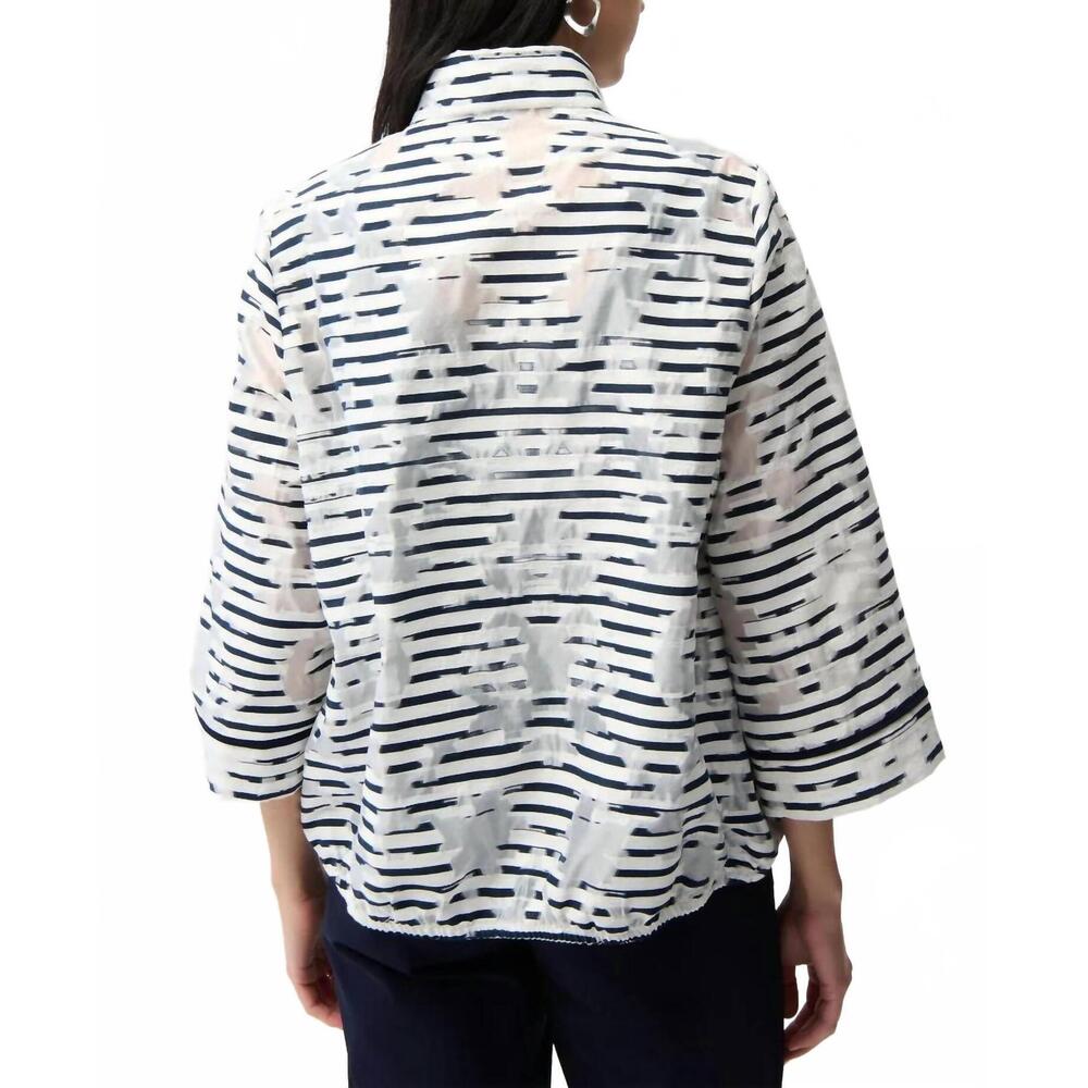 NEW JOSEPH RIBKOFF jacquard organza stripped bomber jacket in off-white/navy - Picture 4 of 5
